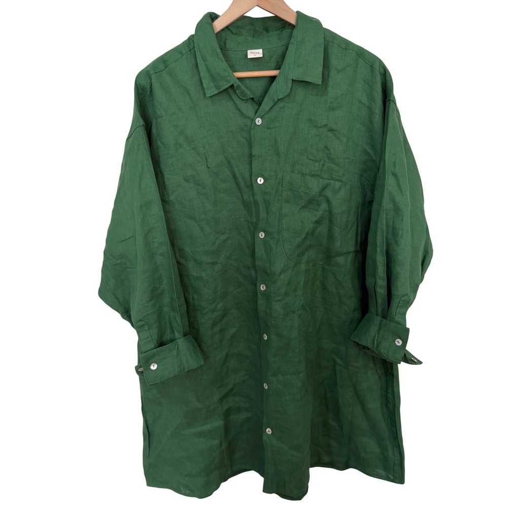 Rove Shirt Dress Size M Green 100% Linen Oversized Long Sleeve Mini Dress